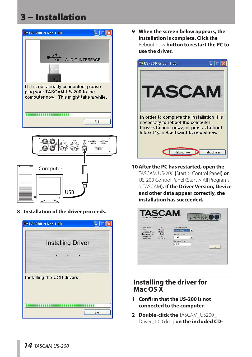Installing the driver for mac os x, 3 − installation | Teac US-200 User Manual | Page 14 / 32