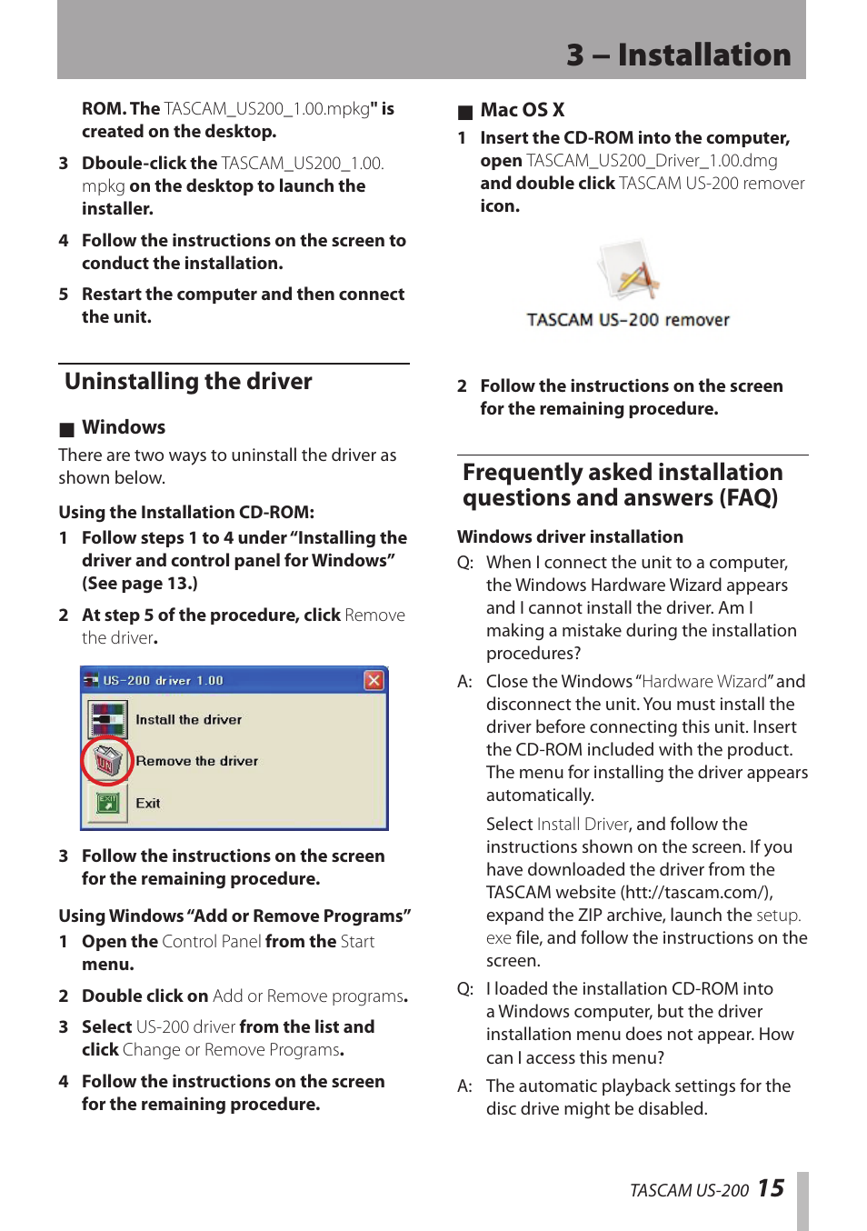 Uninstalling the driver, 3 − installation | Teac US-200 User Manual | Page 15 / 32