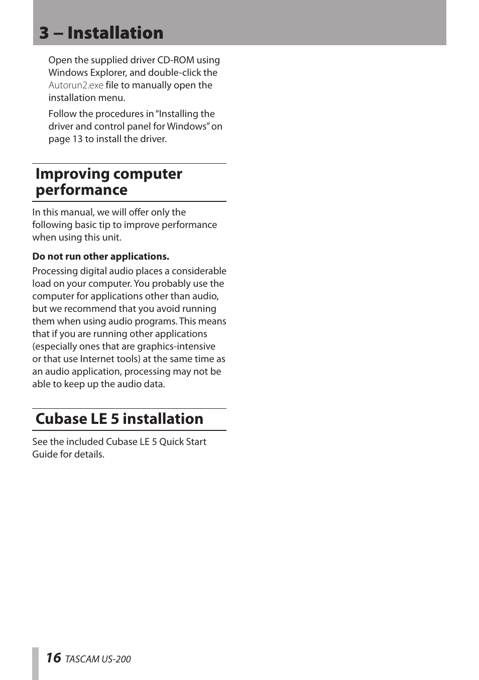 Improving computer performance, Cubase le 5 installation, 3 − installation | Teac US-200 User Manual | Page 16 / 32