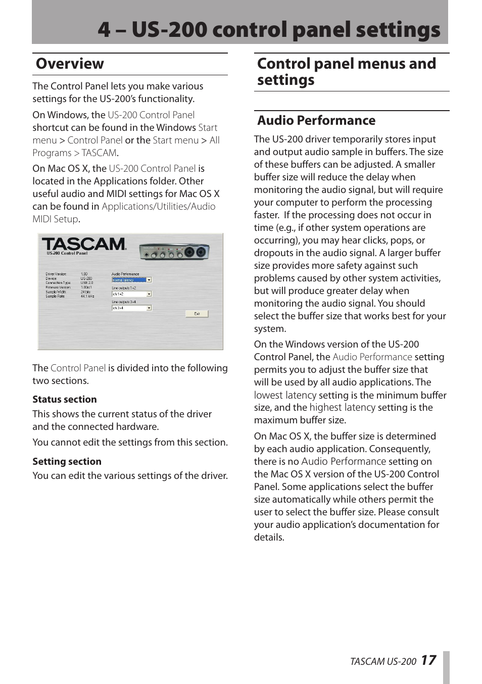 4 – us-200 control panel settings, Overview, Control panel menus and settings | Audio performance, Overview control panel menus and settings | Teac US-200 User Manual | Page 17 / 32