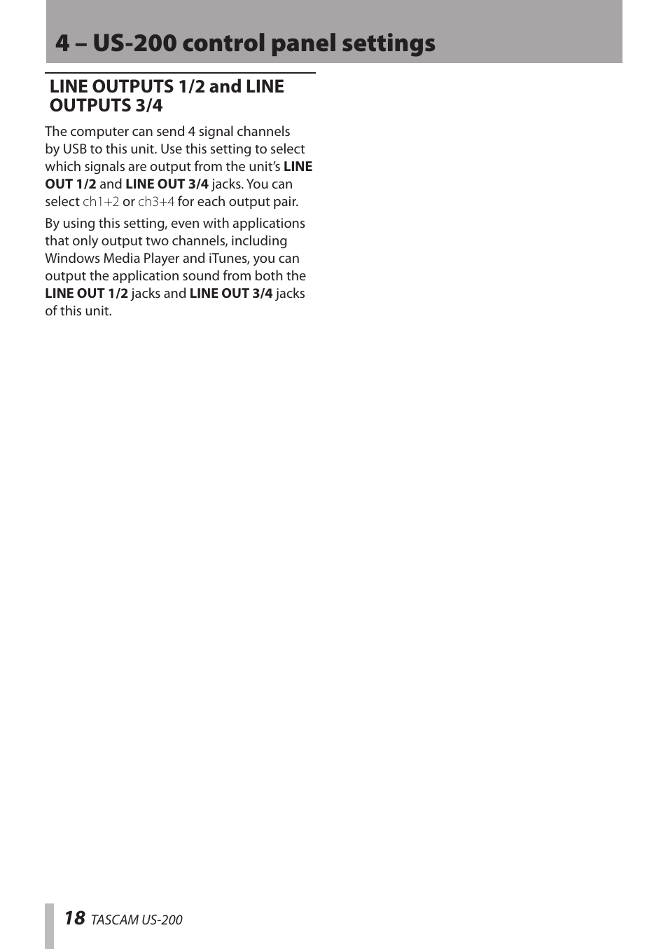 Line outputs 1/2 and line outputs 3/4, 4 – us-200 control panel settings | Teac US-200 User Manual | Page 18 / 32