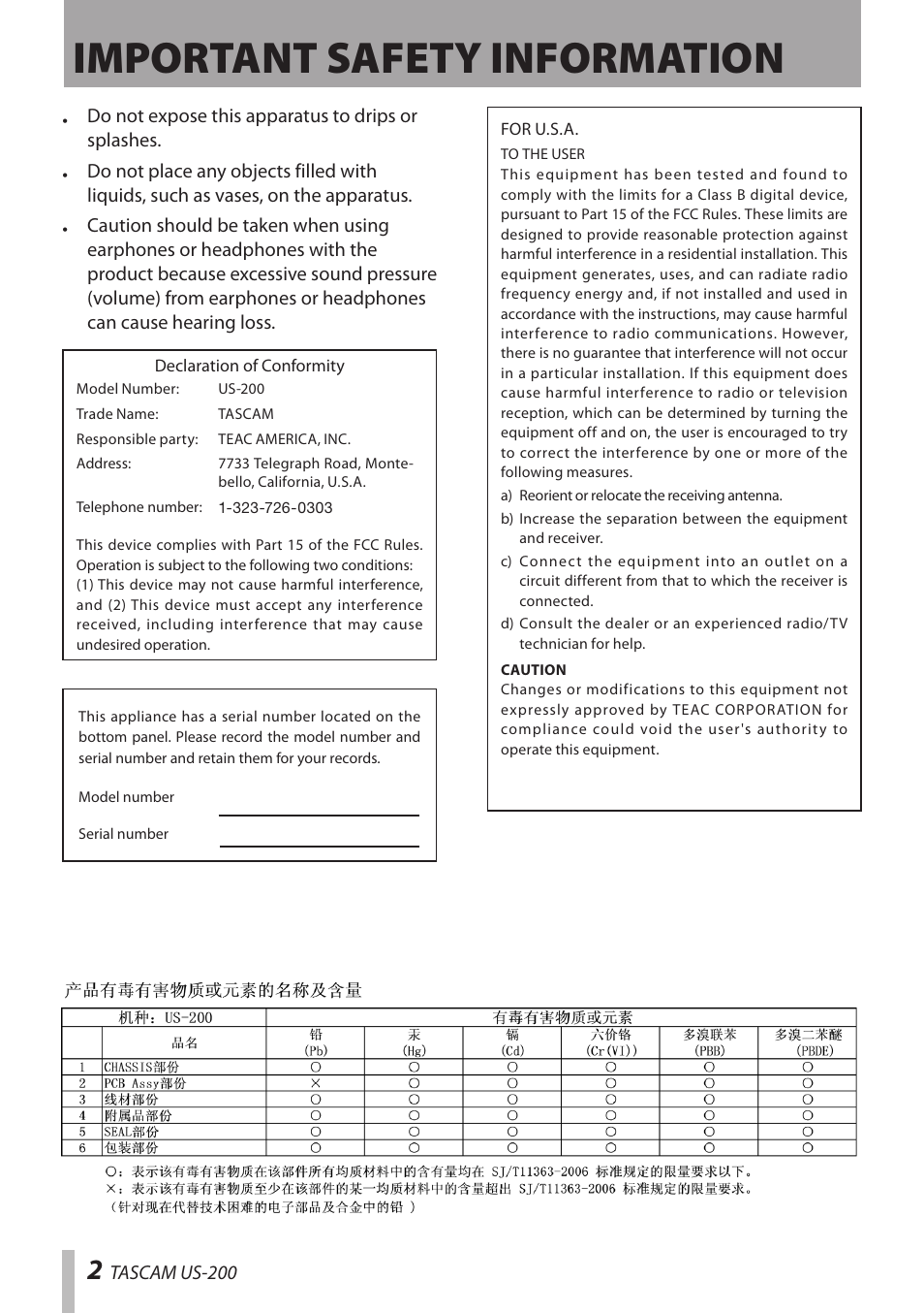 Important safety information | Teac US-200 User Manual | Page 2 / 32