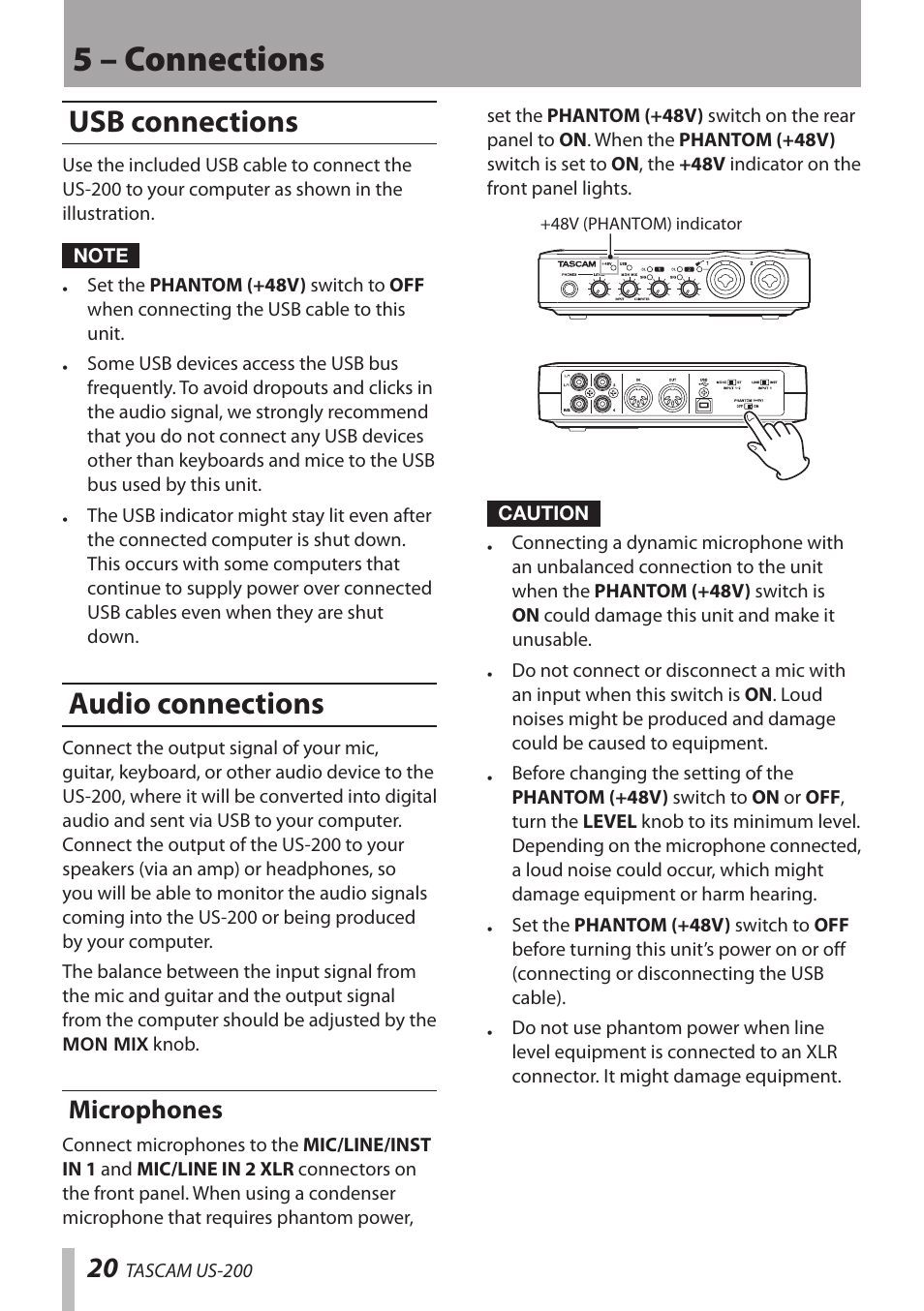 Usb connections, Audio connections, Microphones | Usb connections audio connections, 5 – connections | Teac US-200 User Manual | Page 20 / 32