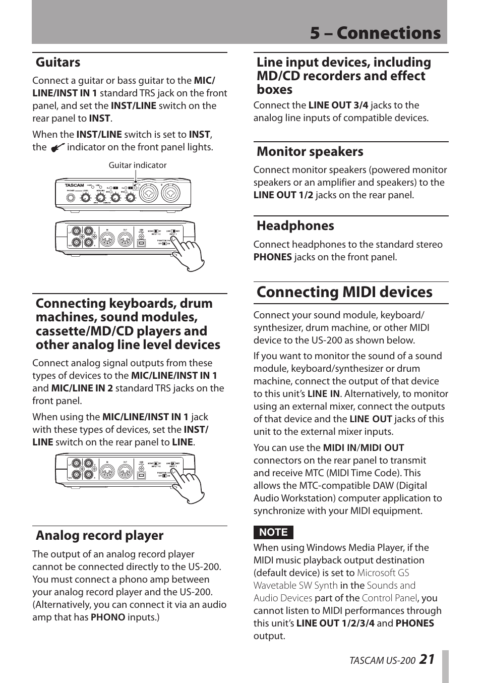 Guitars, Analog record player, Monitor speakers | Headphones, Connecting midi devices, 5 – connections | Teac US-200 User Manual | Page 21 / 32