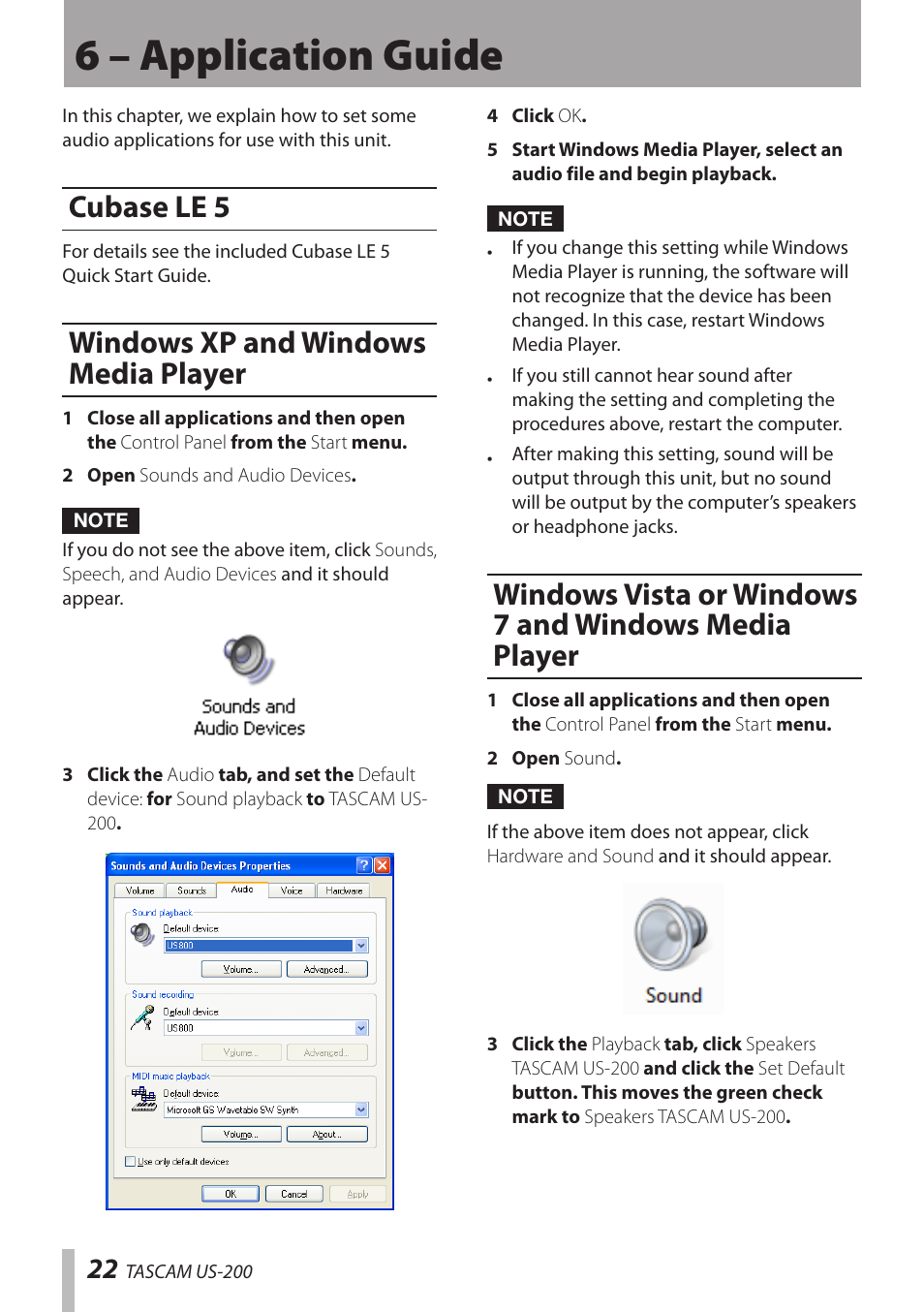 6 – application guide, Cubase le 5, Windows xp and windows media player | Teac US-200 User Manual | Page 22 / 32