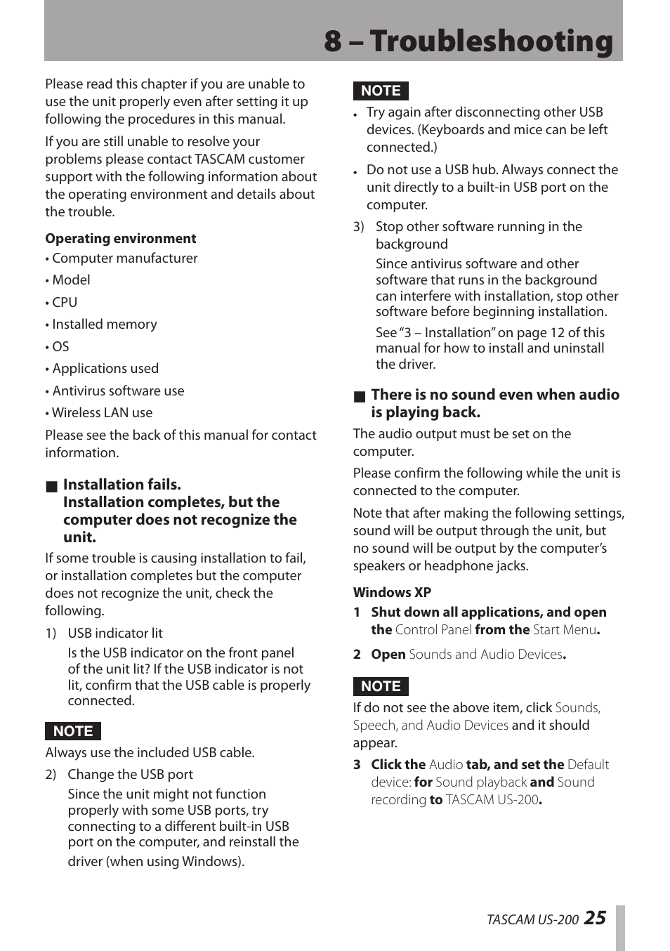 8 – troubleshooting | Teac US-200 User Manual | Page 25 / 32