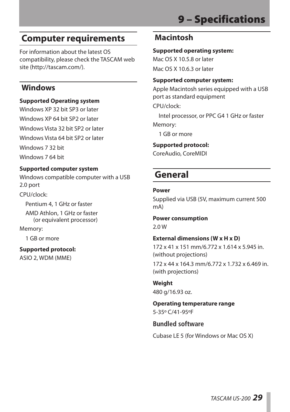 Computer requirements, Windows, Macintosh | General, Windows macintosh, 9 – specifications | Teac US-200 User Manual | Page 29 / 32