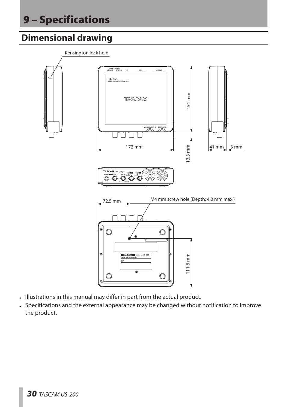 Dimensional drawing, 9 – specifications | Teac US-200 User Manual | Page 30 / 32