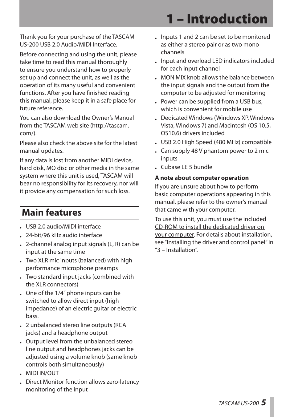 1 – introduction, Main features | Teac US-200 User Manual | Page 5 / 32
