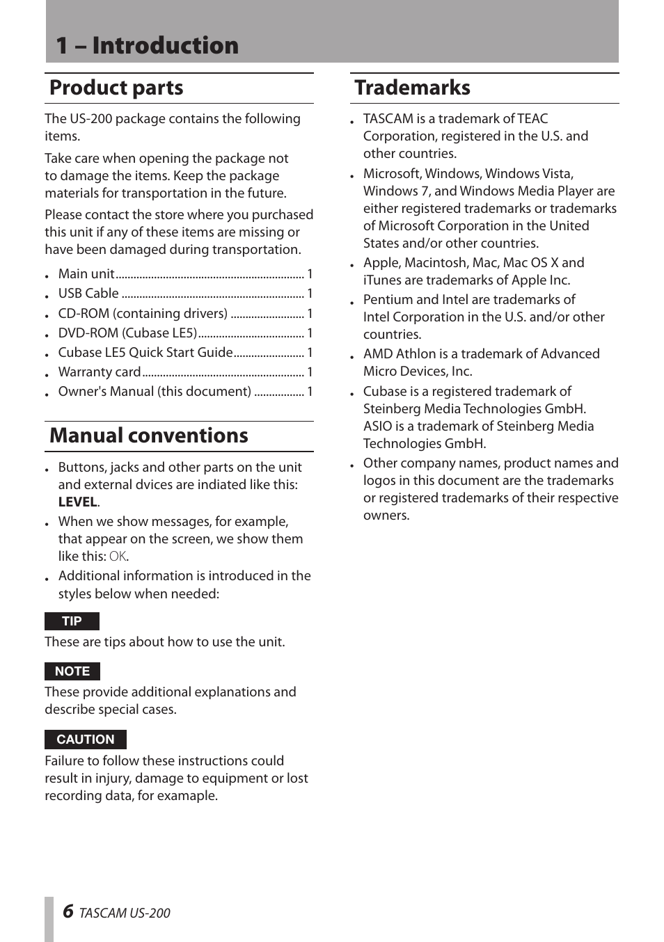 Product parts, Manual conventions, Trademarks | Product parts manual conventions trademarks, 1 – introduction | Teac US-200 User Manual | Page 6 / 32