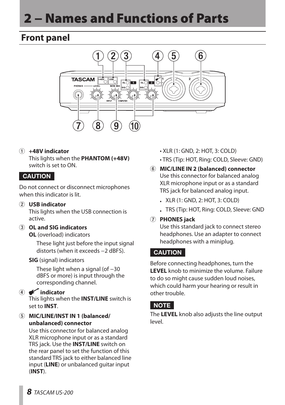 2 − names and functions of parts, Front panel | Teac US-200 User Manual | Page 8 / 32