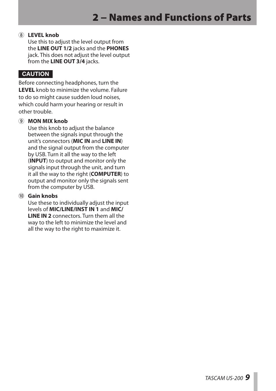 2 − names and functions of parts | Teac US-200 User Manual | Page 9 / 32