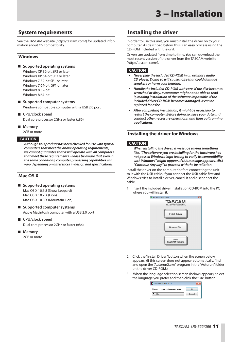 3 − installation, System requirements, Windows | Mac os x, Installing the driver, Installing the driver for windows, Windows mac os x | Teac US-322 User Manual | Page 11 / 35