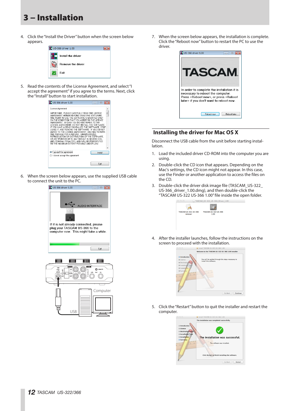 Installing the driver for mac os x, 3 − installation | Teac US-322 User Manual | Page 12 / 35