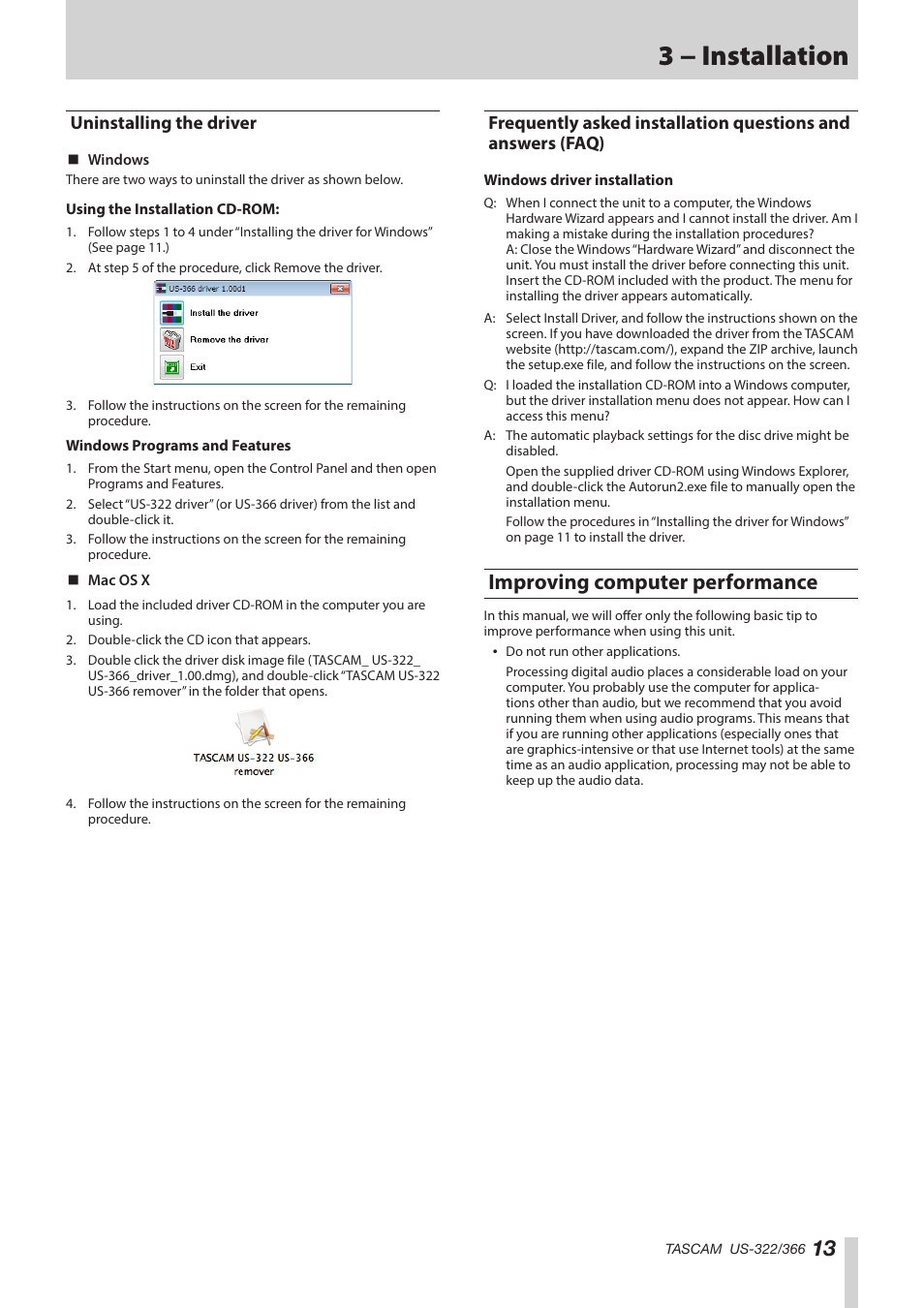 Uninstalling the driver, Improving computer performance, Answers (faq) | 3 − installation | Teac US-322 User Manual | Page 13 / 35