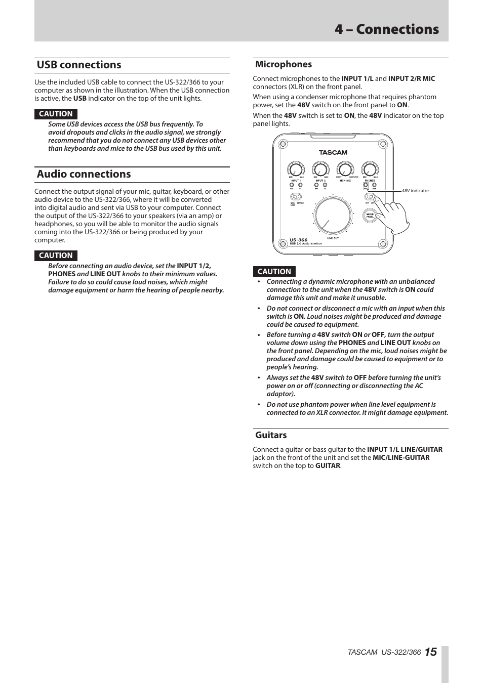 Usb connections, Audio connections, Microphones | Guitars, Usb connections audio connections, Microphones guitars, 4 – connections | Teac US-322 User Manual | Page 15 / 35