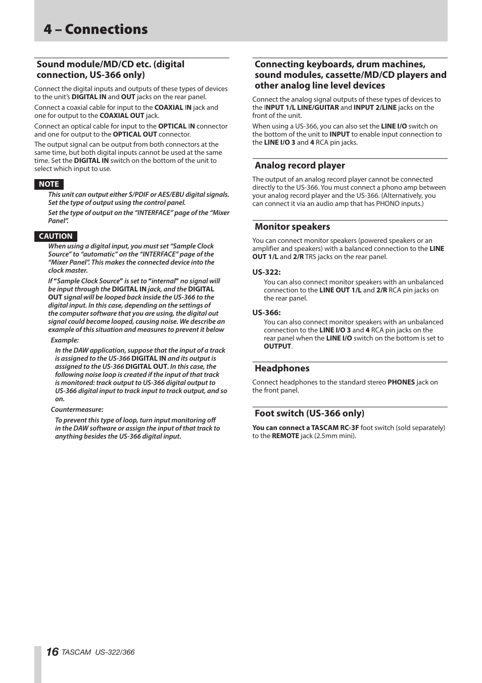 Analog record player, Monitor speakers, Headphones | Foot switch (us-366 only), Sound module/md/cd etc. (digital connection, Modules, cassette/md/cd players and other, 4 – connections | Teac US-322 User Manual | Page 16 / 35