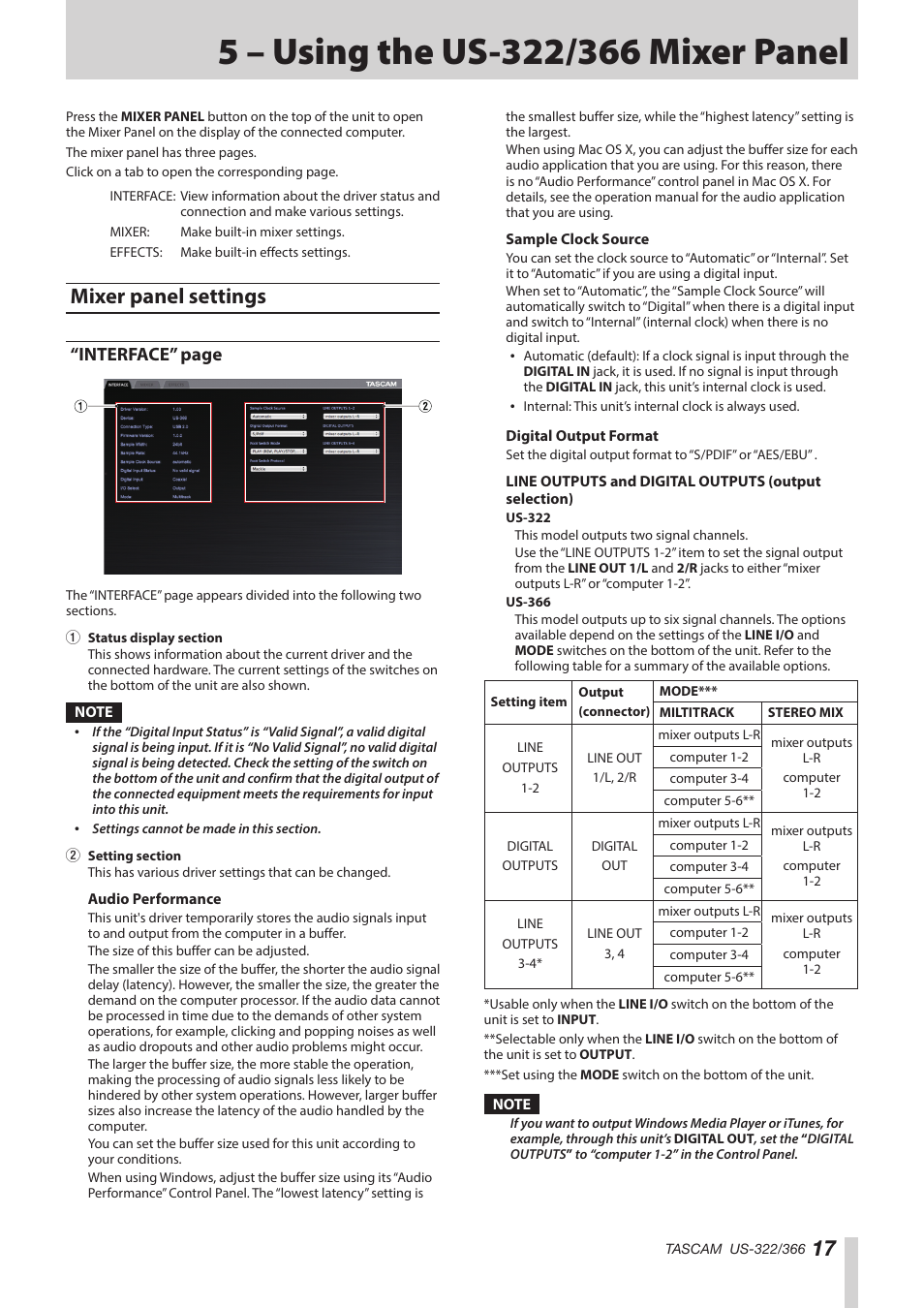 5 – using the us-322/366 mixer panel, Mixer panel settings, Interface” page | Teac US-322 User Manual | Page 17 / 35