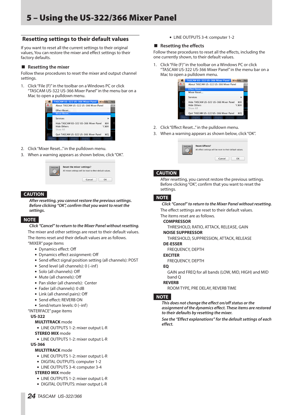 Resetting settings to their default values | Teac US-322 User Manual | Page 24 / 35