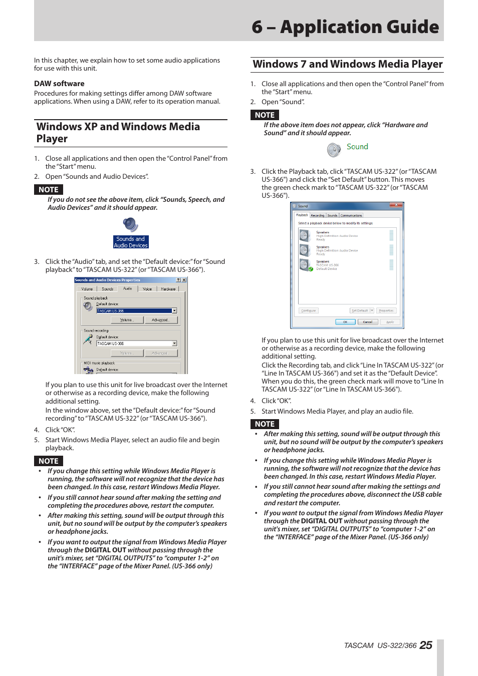 6 – application guide, Windows xp and windows media player, Windows 7 and windows media player | Teac US-322 User Manual | Page 25 / 35