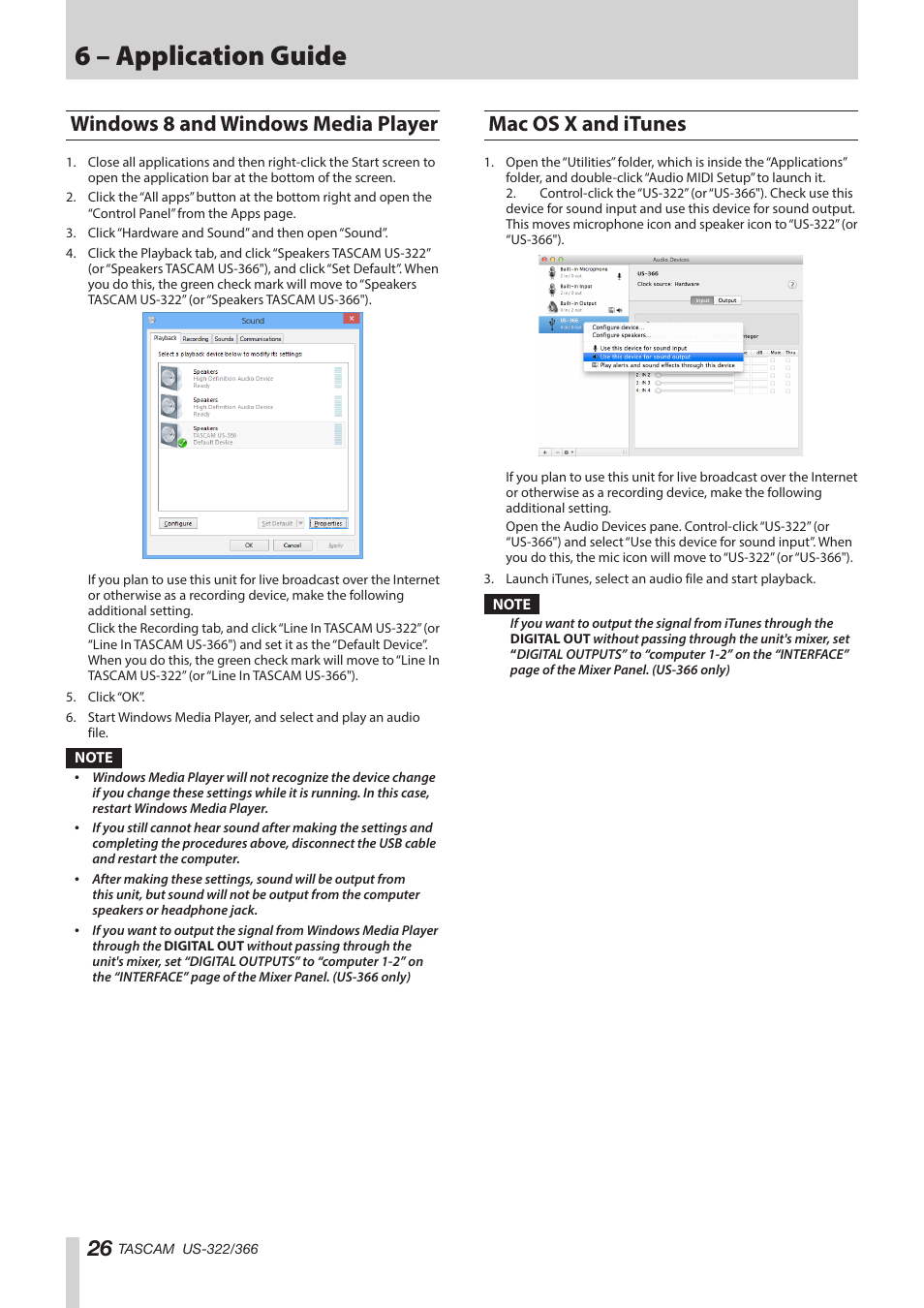 Windows 8 and windows media player, Mac os x and itunes, 6 – application guide | Teac US-322 User Manual | Page 26 / 35