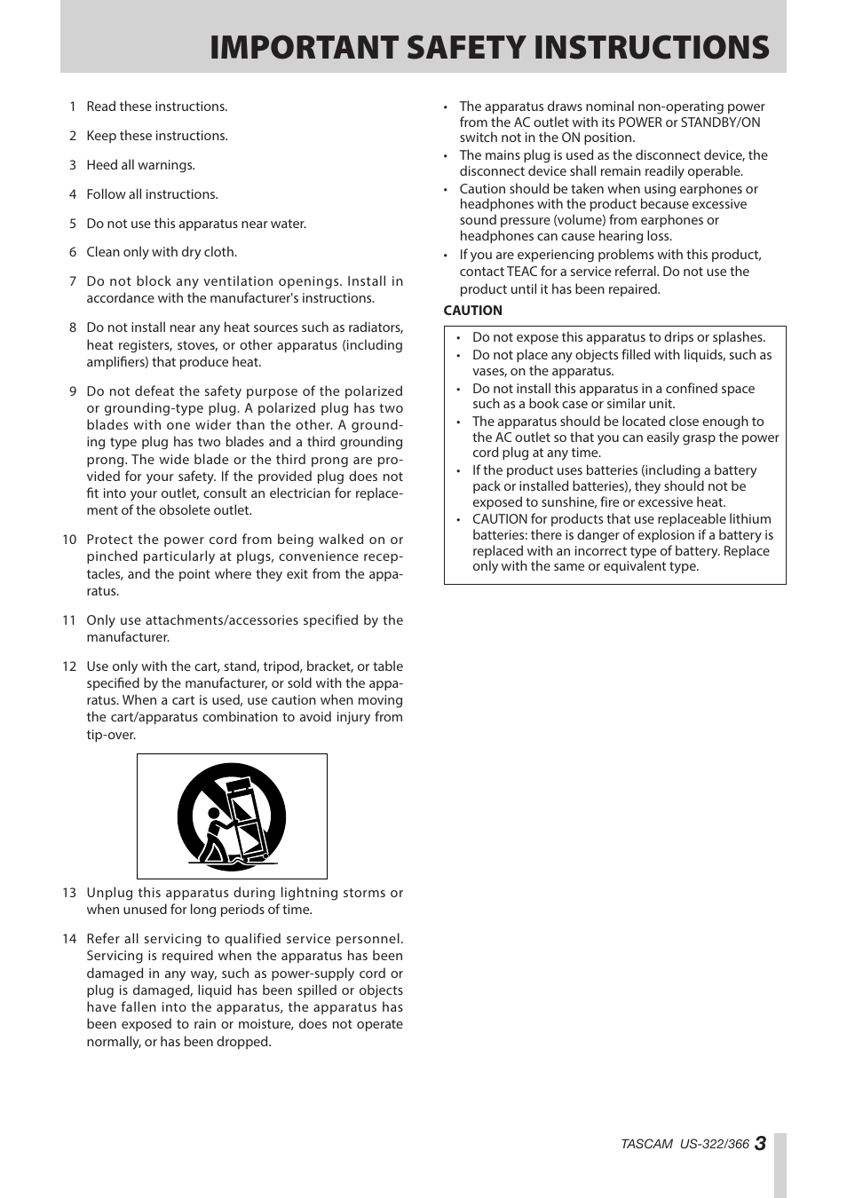 Important safety instructions | Teac US-322 User Manual | Page 3 / 35