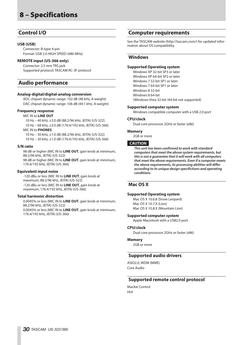 Control i/o, Audio performance, Computer requirements | Windows, Mac os x, Supported audio drivers, Supported remote control protocol, 8 – specifications | Teac US-322 User Manual | Page 30 / 35