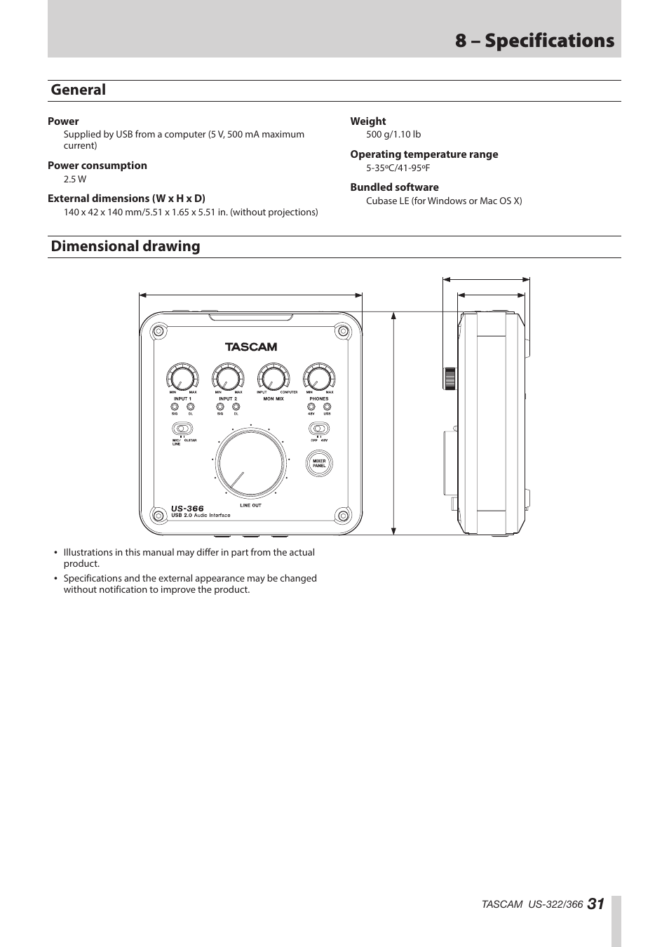 8 – specifications, General, Dimensional drawing | Teac US-322 User Manual | Page 31 / 35