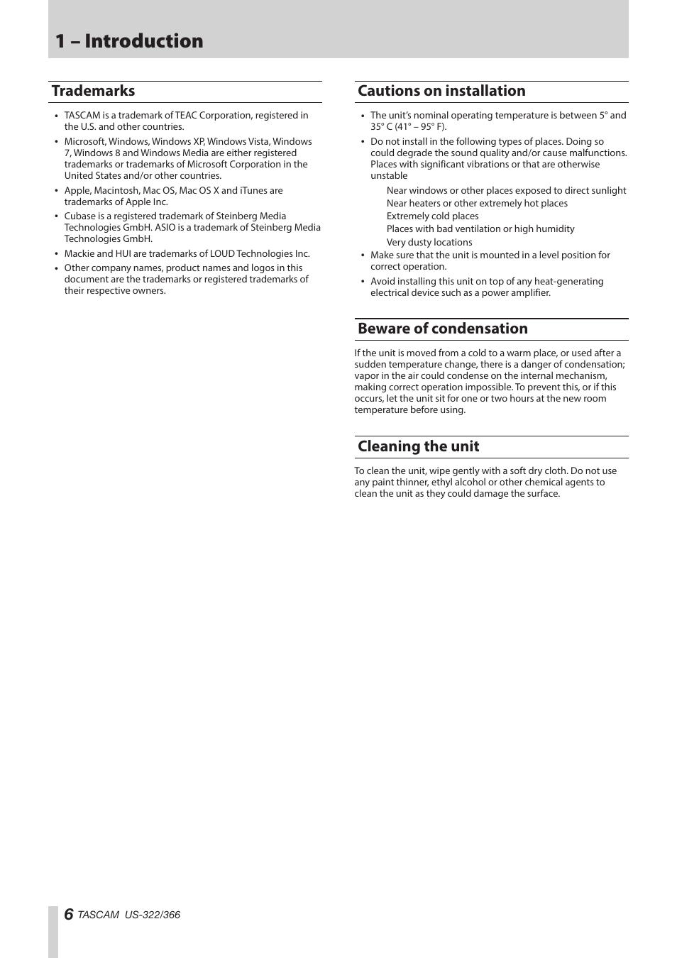 Trademarks, Cautions on installation, Beware of condensation | Cleaning the unit, 1 – introduction | Teac US-322 User Manual | Page 6 / 35