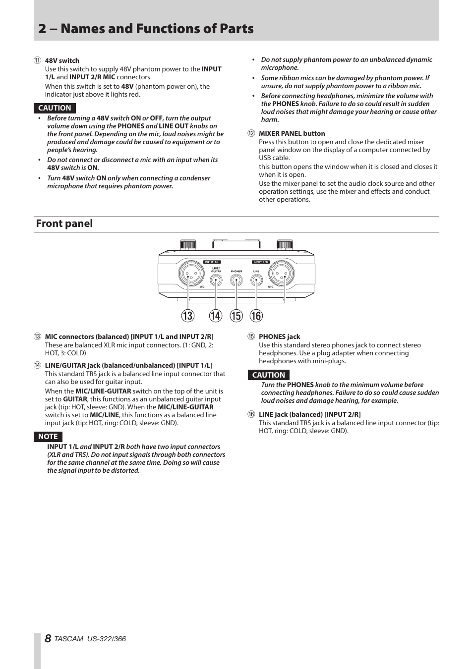 2 − names and functions of parts, Front panel | Teac US-322 User Manual | Page 8 / 35