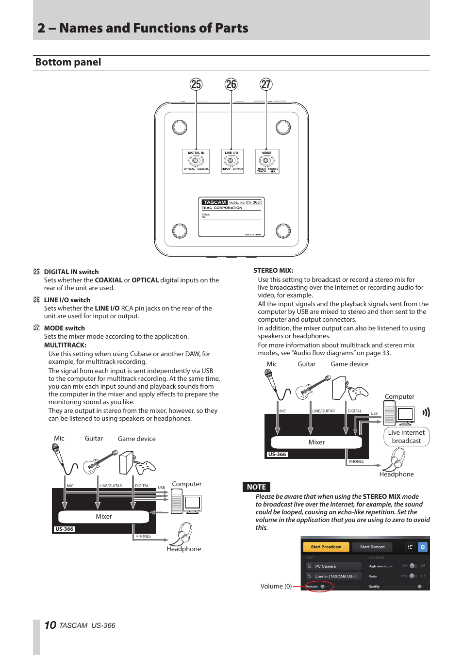 2 − names and functions of parts, Bottom panel | Teac US-366 User Manual | Page 10 / 36