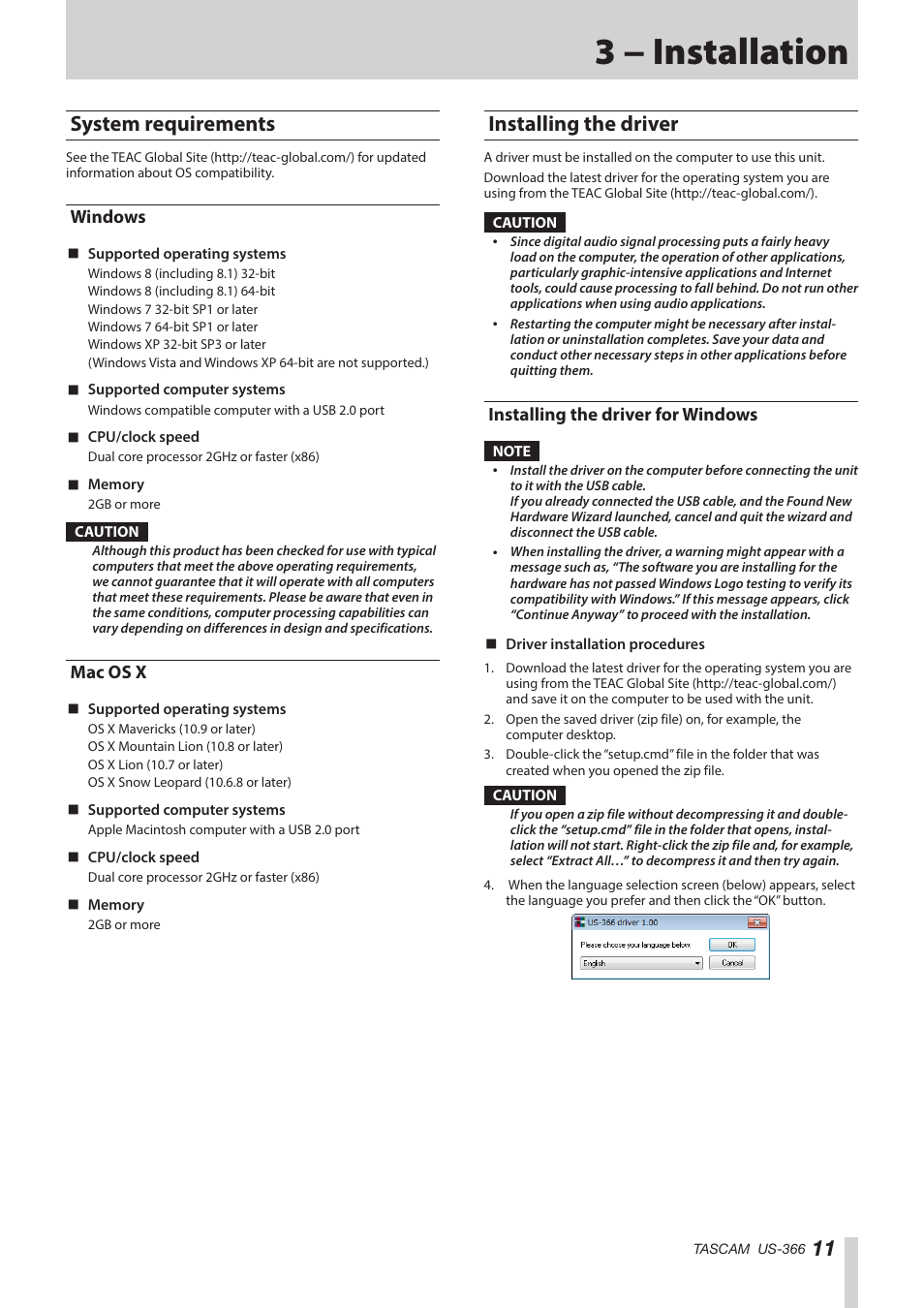 3 − installation, System requirements, Windows | Mac os x, Installing the driver, Installing the driver for windows, Windows mac os x | Teac US-366 User Manual | Page 11 / 36