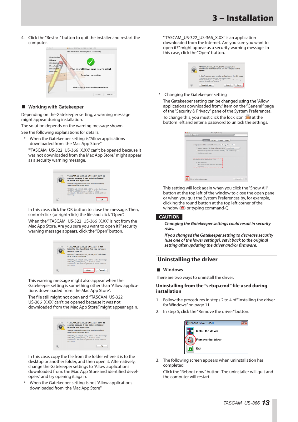 3 − installation, Uninstalling the driver | Teac US-366 User Manual | Page 13 / 36