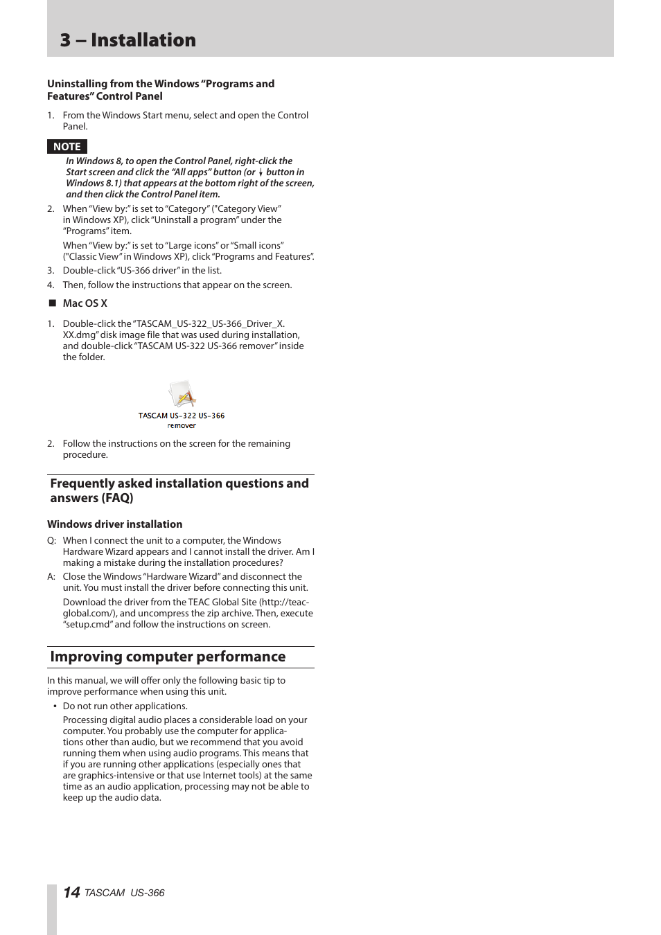 Improving computer performance, Frequently asked installation questions and, Answers (faq) | 3 − installation | Teac US-366 User Manual | Page 14 / 36