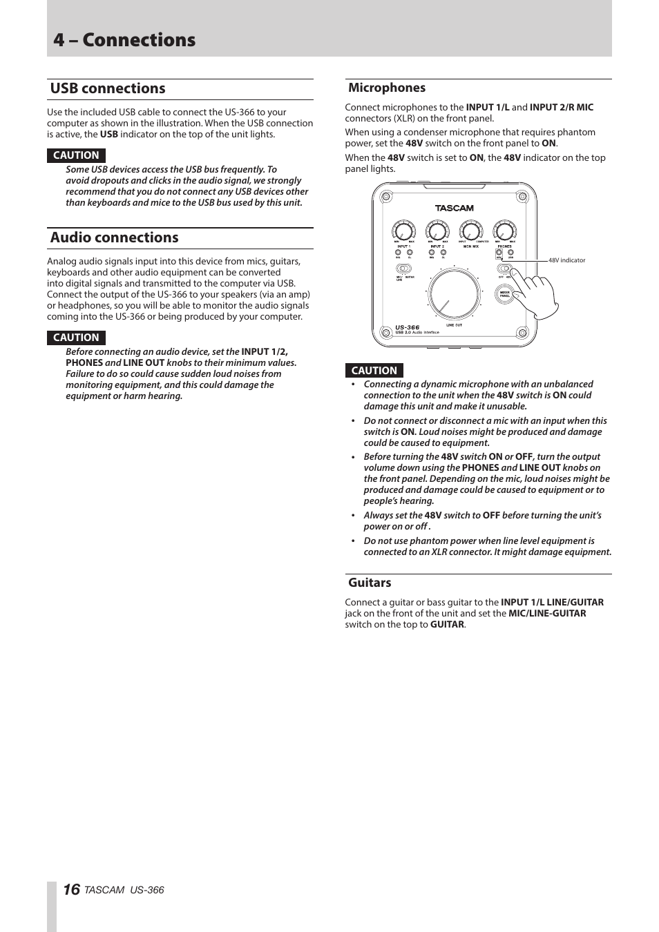 Usb connections, Audio connections, Microphones | Guitars, Usb connections audio connections, Microphones guitars, 4 – connections | Teac US-366 User Manual | Page 16 / 36