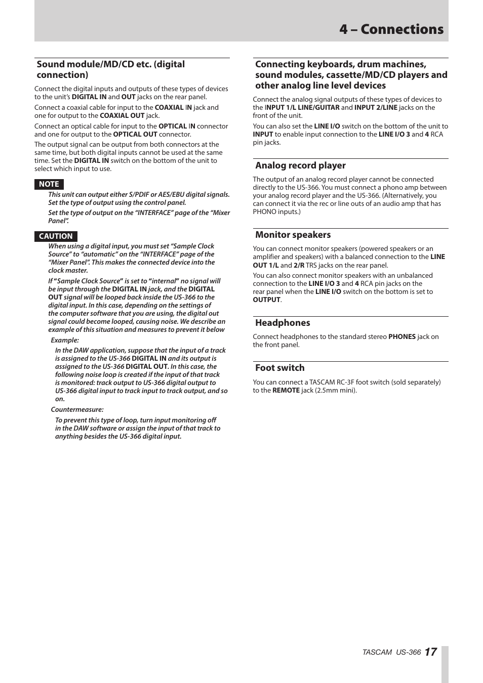Sound module/md/cd etc. (digital connection), Analog record player, Monitor speakers | Headphones, Foot switch, Sound module/md/cd etc, Sound modules, cassette/md/cd players, Monitor speakers headphones foot switch, 4 – connections | Teac US-366 User Manual | Page 17 / 36