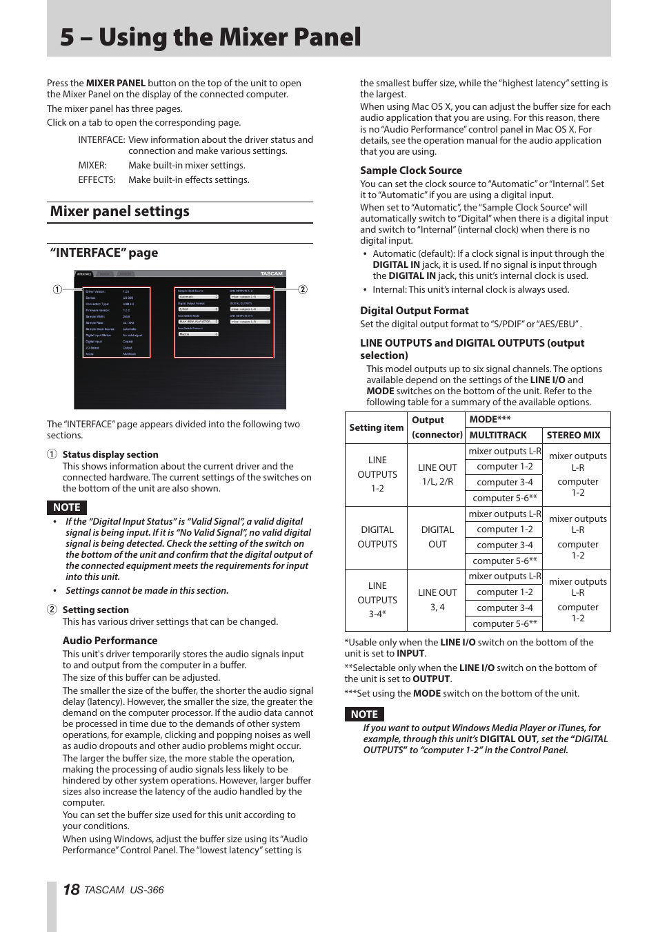 5 – using the mixer panel, Mixer panel settings, Interface” page | Teac US-366 User Manual | Page 18 / 36