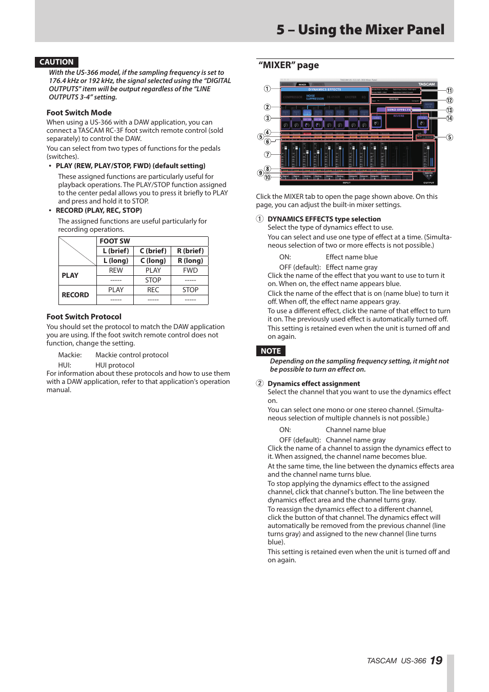 5 – using the mixer panel, Mixer” page | Teac US-366 User Manual | Page 19 / 36