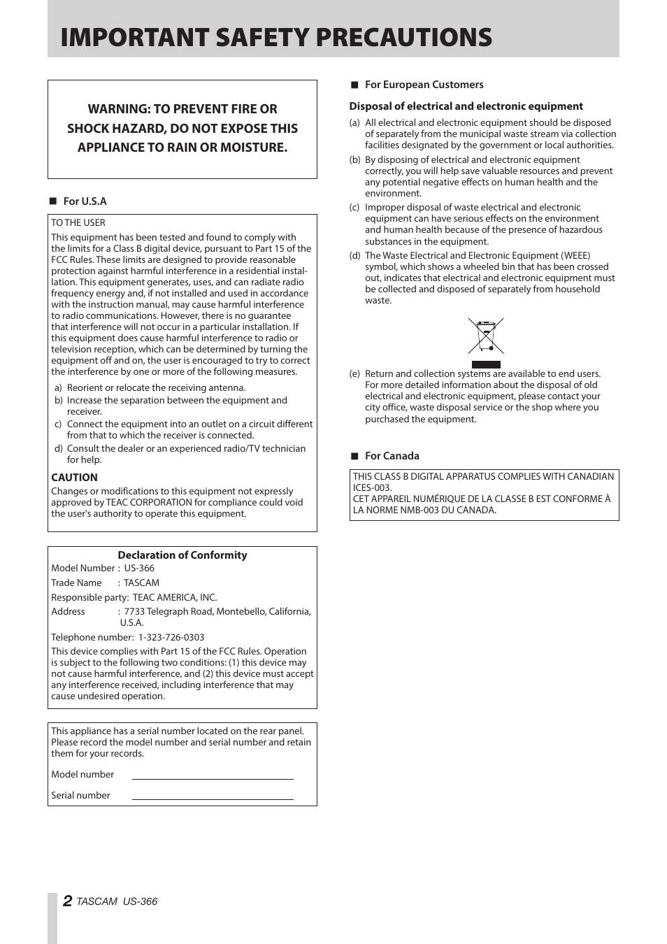 Important safety precautions | Teac US-366 User Manual | Page 2 / 36