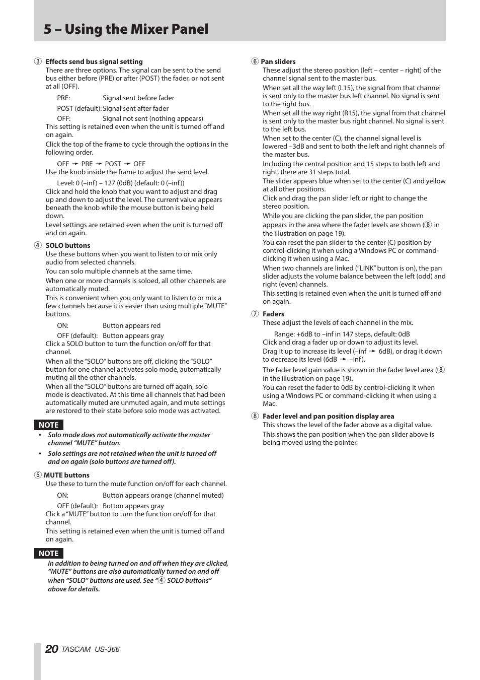 5 – using the mixer panel | Teac US-366 User Manual | Page 20 / 36