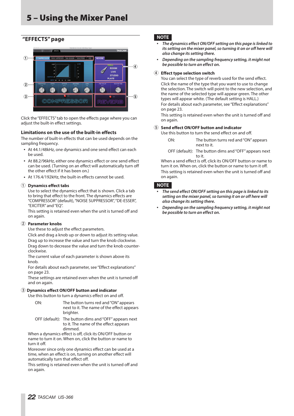 5 – using the mixer panel, Effects” page | Teac US-366 User Manual | Page 22 / 36