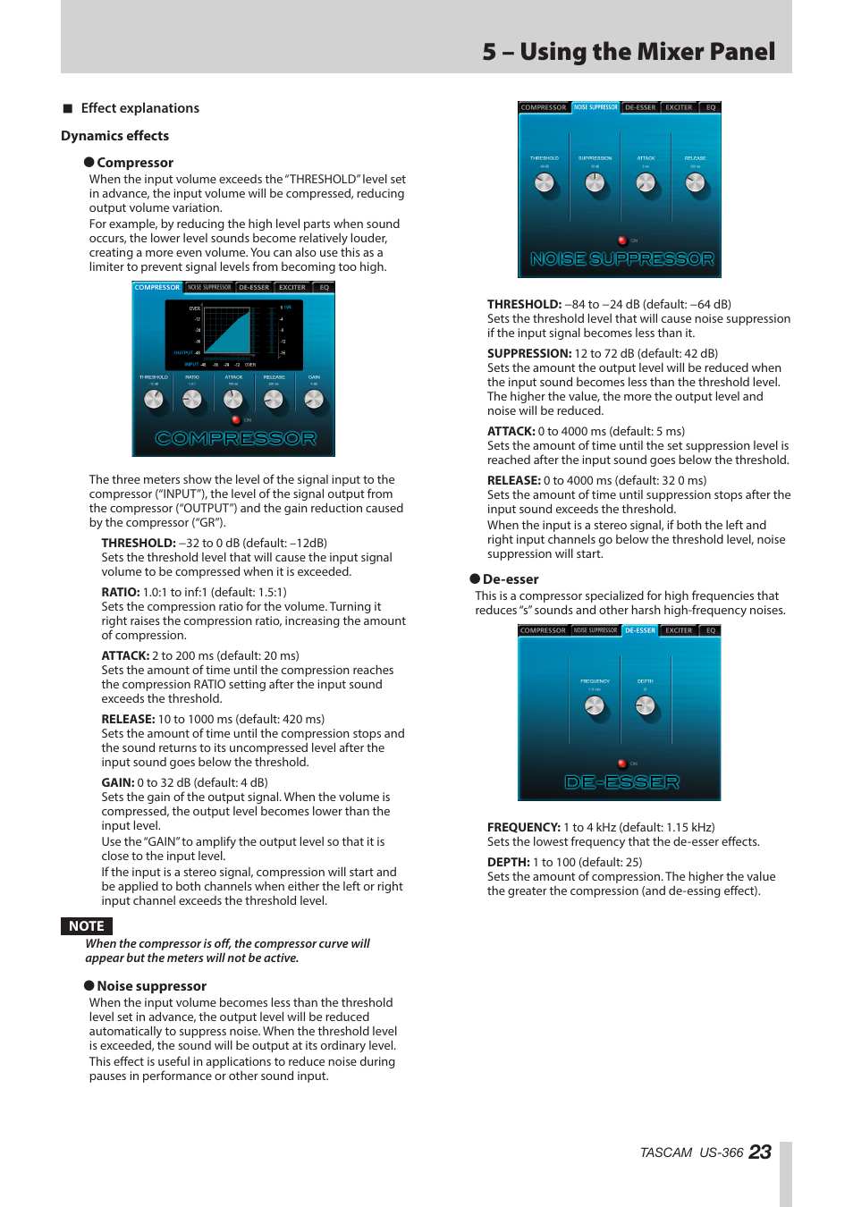 See “effect explanations, 5 – using the mixer panel | Teac US-366 User Manual | Page 23 / 36