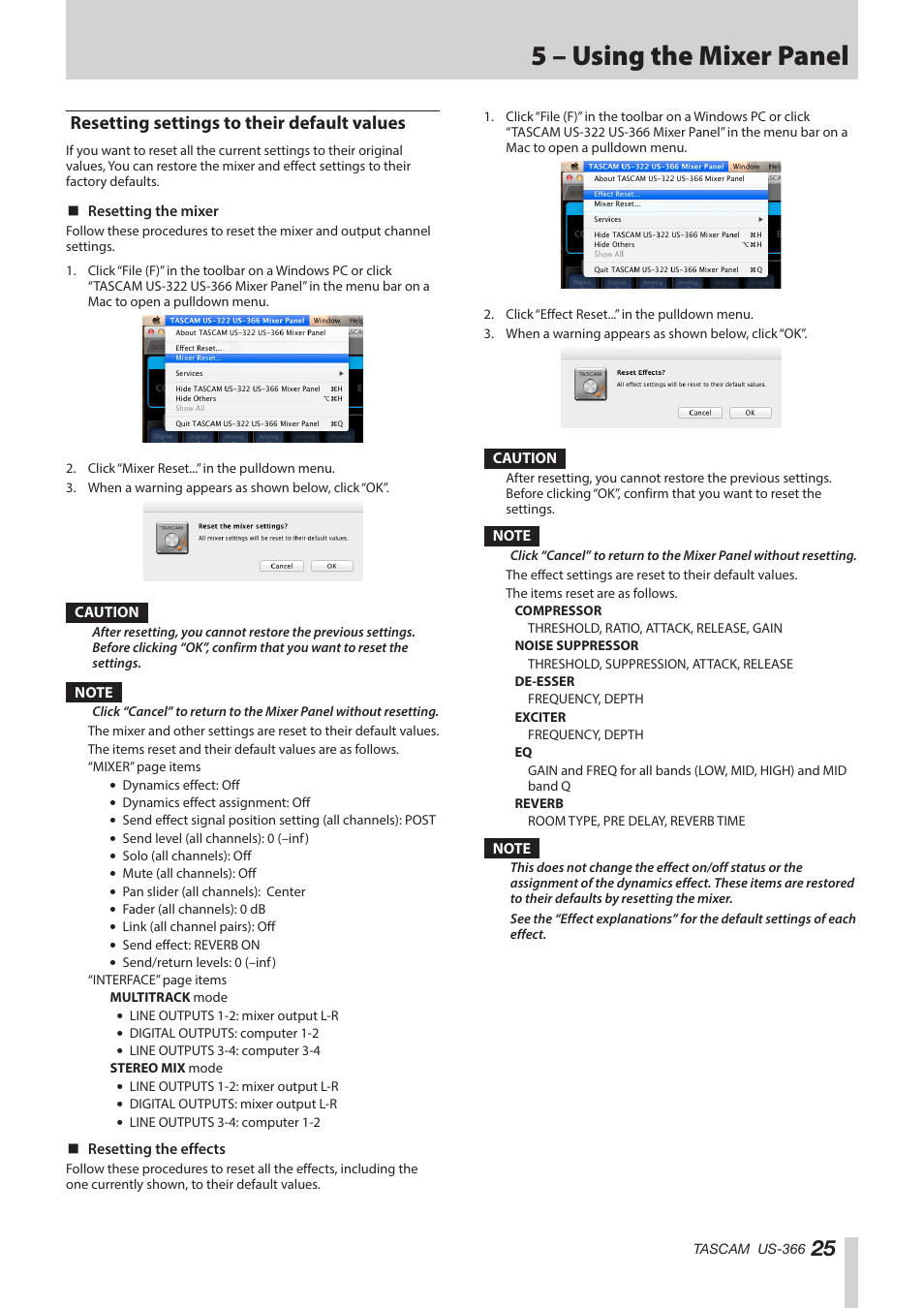 Resetting settings to their default values, 5 – using the mixer panel | Teac US-366 User Manual | Page 25 / 36