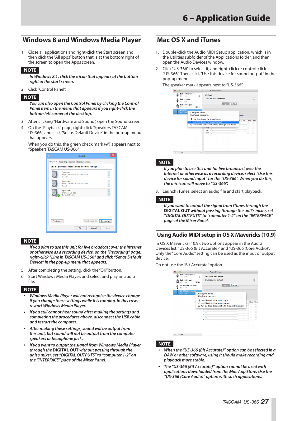 Windows 8 and windows media player, Mac os x and itunes, Using audio midi setup in os x mavericks (10.9) | Using audio midi setup, In os x mavericks (10.9), 6 – application guide | Teac US-366 User Manual | Page 27 / 36