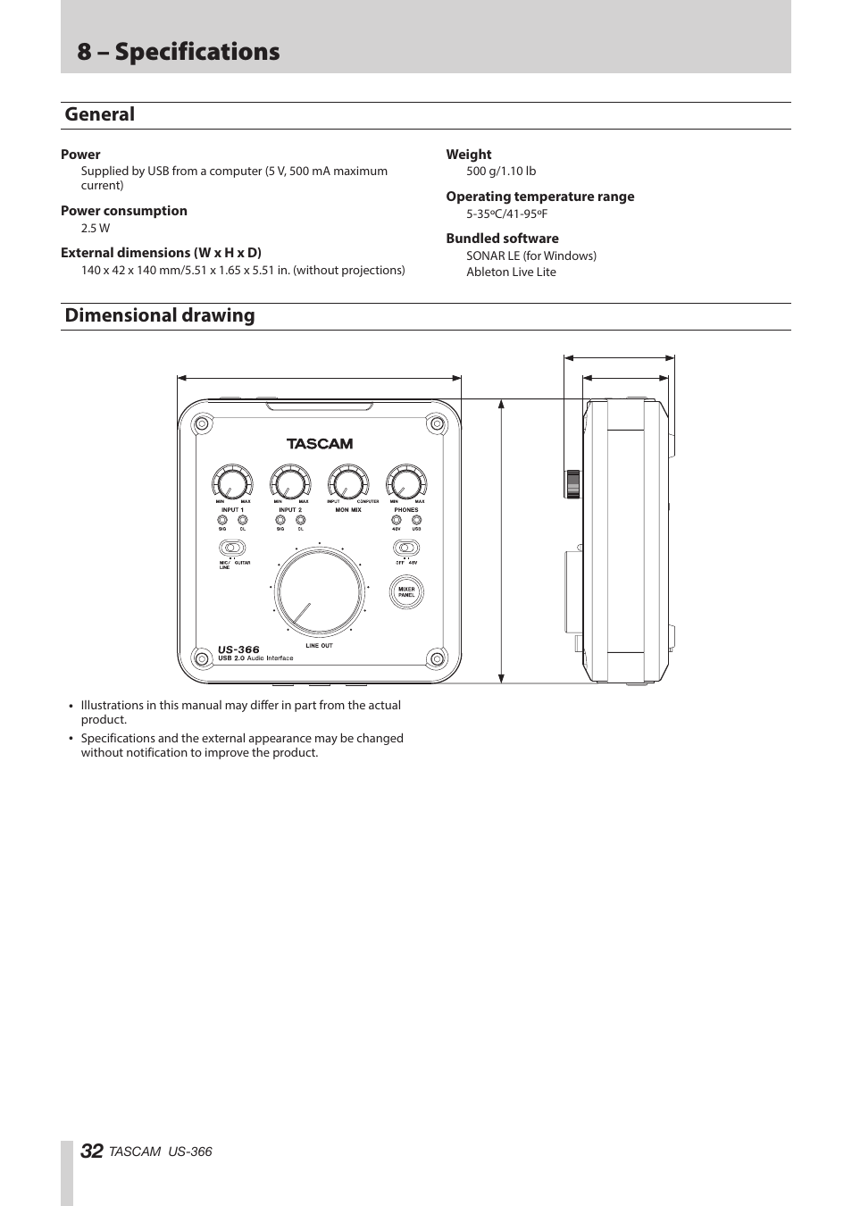 8 – specifications, General, Dimensional drawing | Teac US-366 User Manual | Page 32 / 36