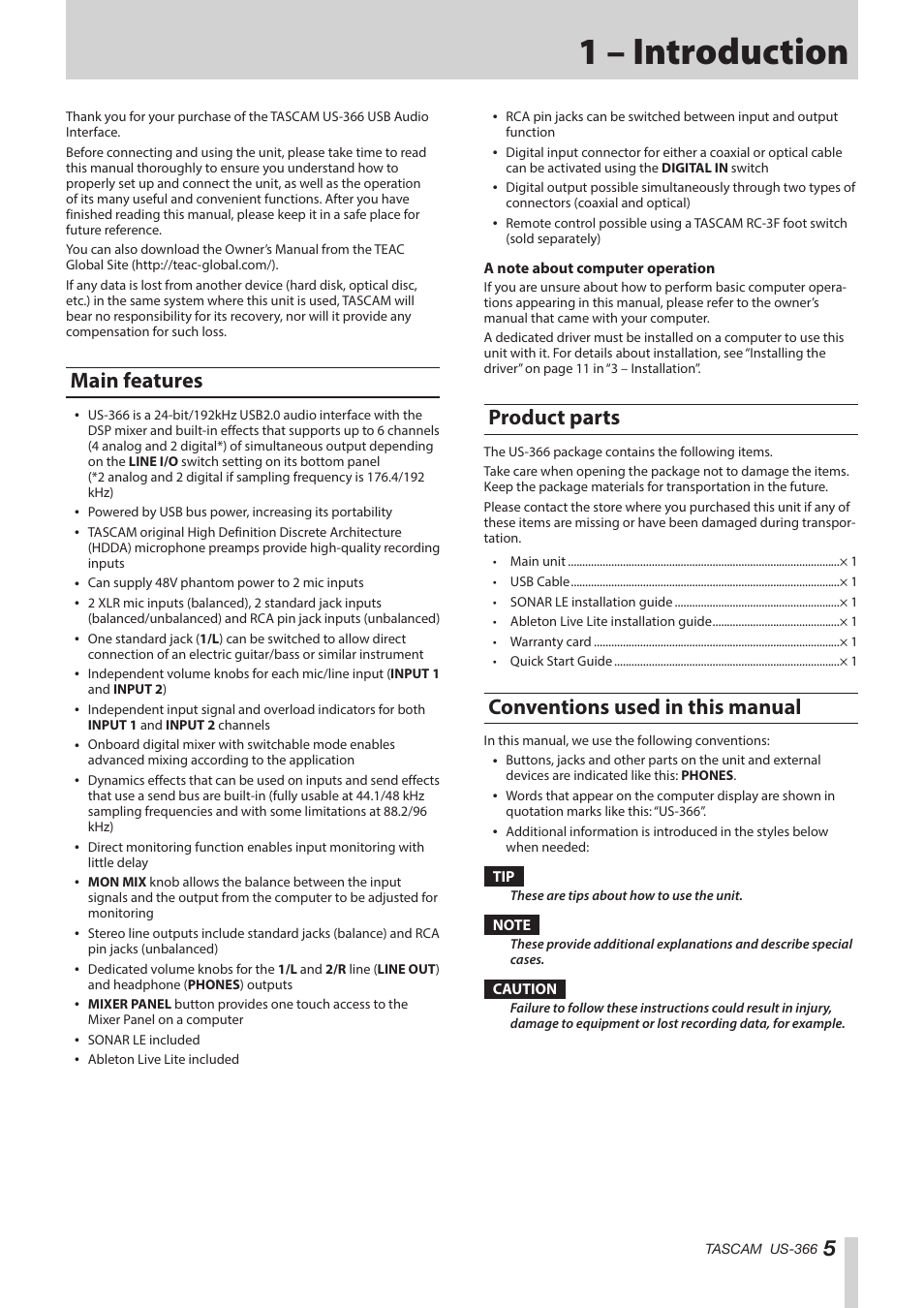 1 – introduction, Main features, Product parts | Conventions used in this manual | Teac US-366 User Manual | Page 5 / 36