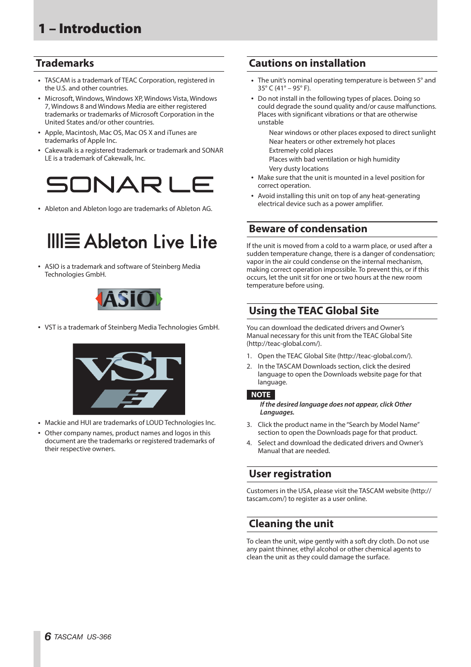 Trademarks, Cautions on installation, Beware of condensation | Using the teac global site, User registration, Cleaning the unit, 1 – introduction | Teac US-366 User Manual | Page 6 / 36