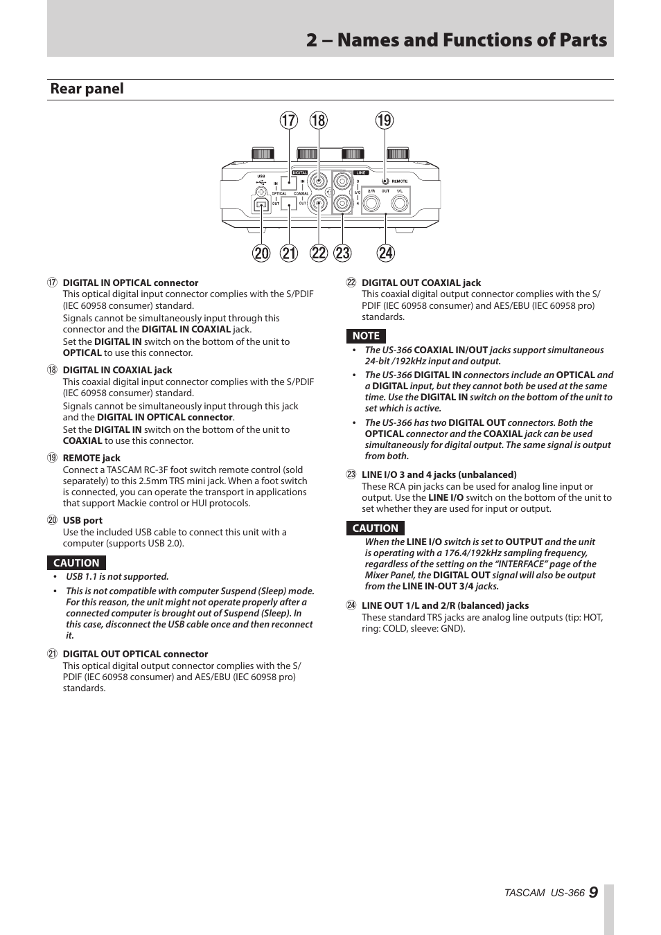 Rear panel, 2 − names and functions of parts | Teac US-366 User Manual | Page 9 / 36