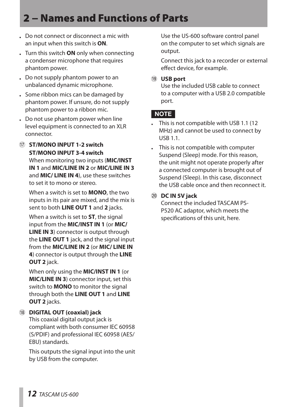 2 − names and functions of parts | Teac US-600 User Manual | Page 12 / 36