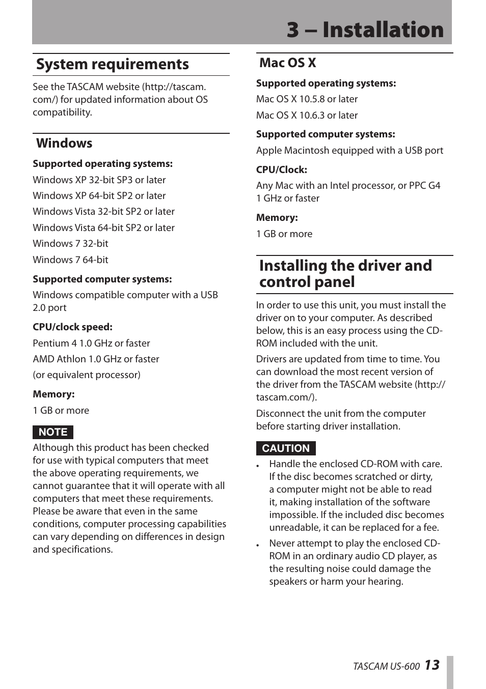 3 − installation, System requirements, Windows | Mac os x, Installing the driver and control panel, Windows mac os x, Installing the driver and control panel 13 | Teac US-600 User Manual | Page 13 / 36